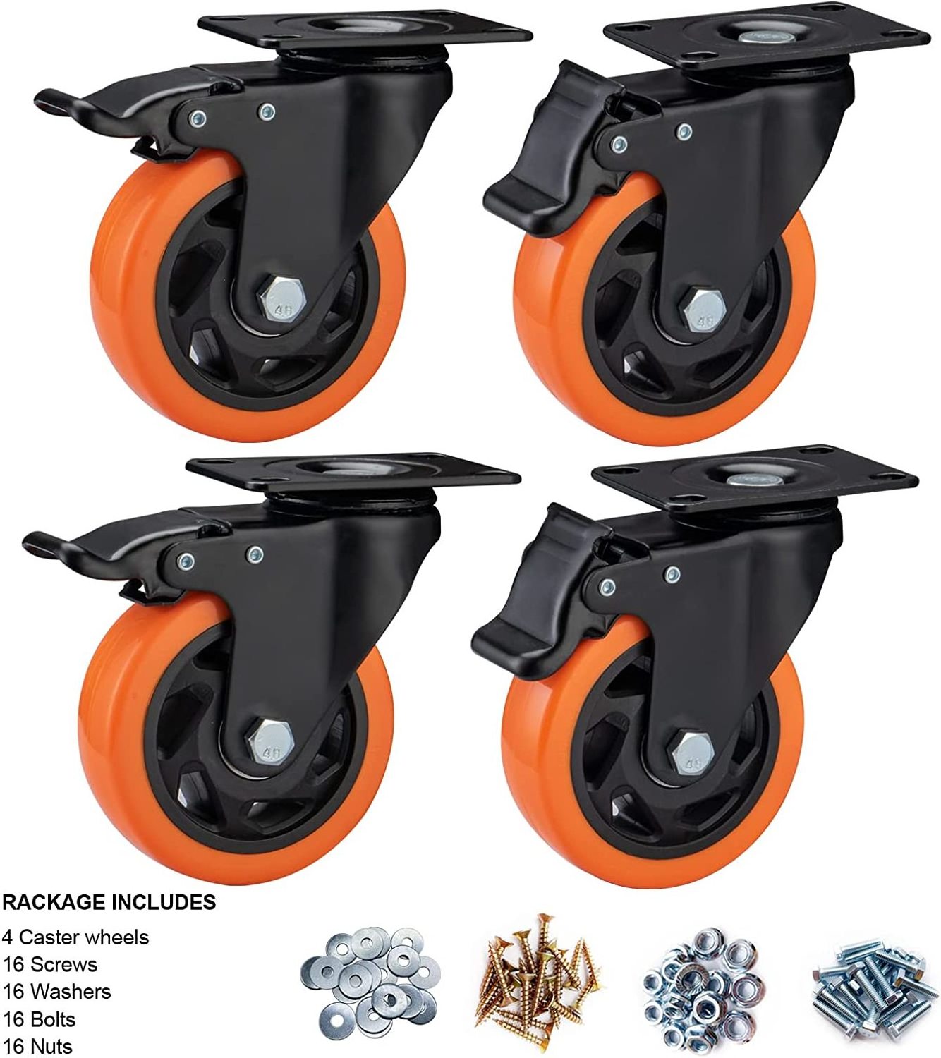 Famous Factory 4 In Heavy Duty Orange PU Top Deck Swivel Wheels Industrial Casters with Brakes Locking Casters for Furniture