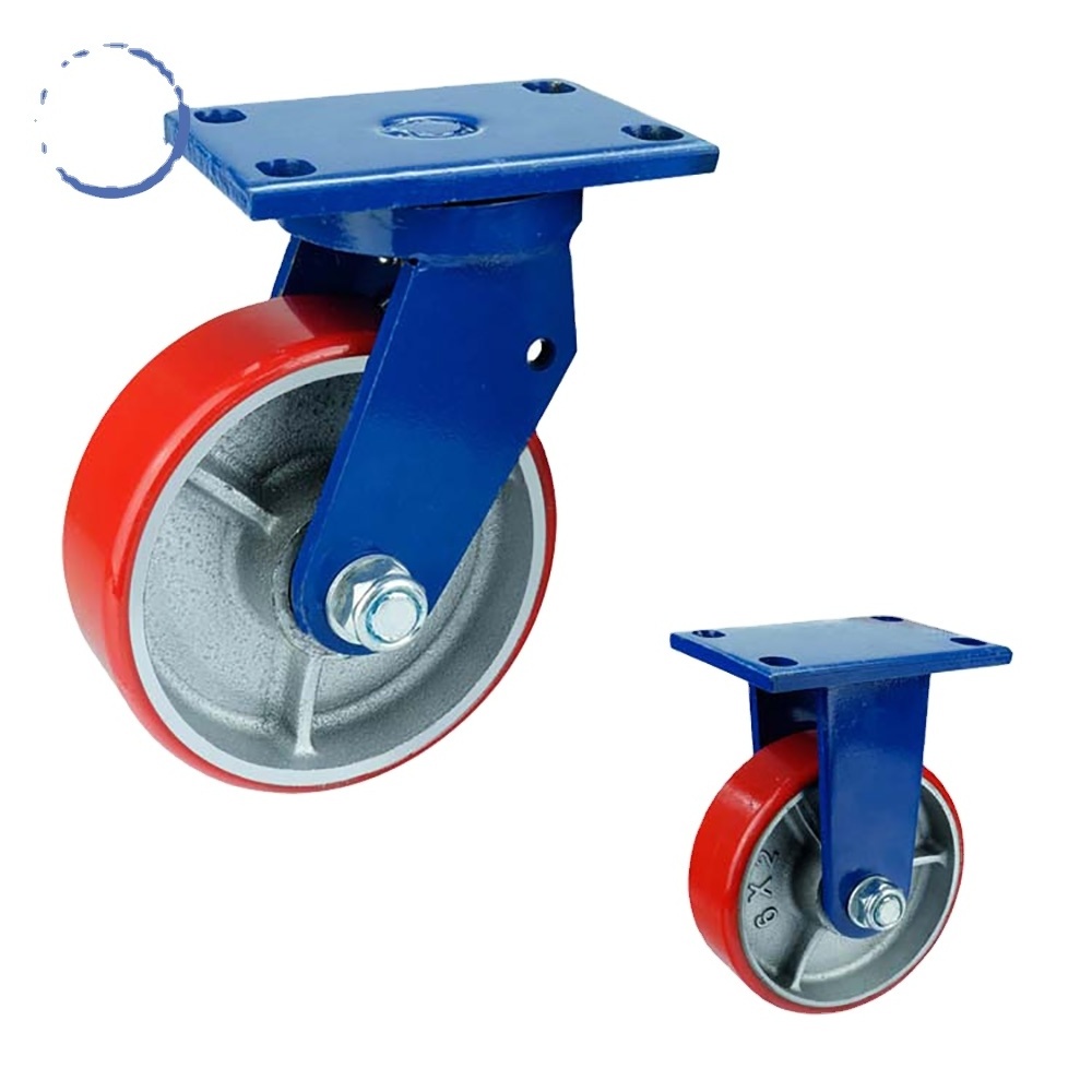 Heavy Duty Blue Coated Bracket PU Cast Iron 1500 kg Load Swivel Fixed Plate Caster Wheels With Brake