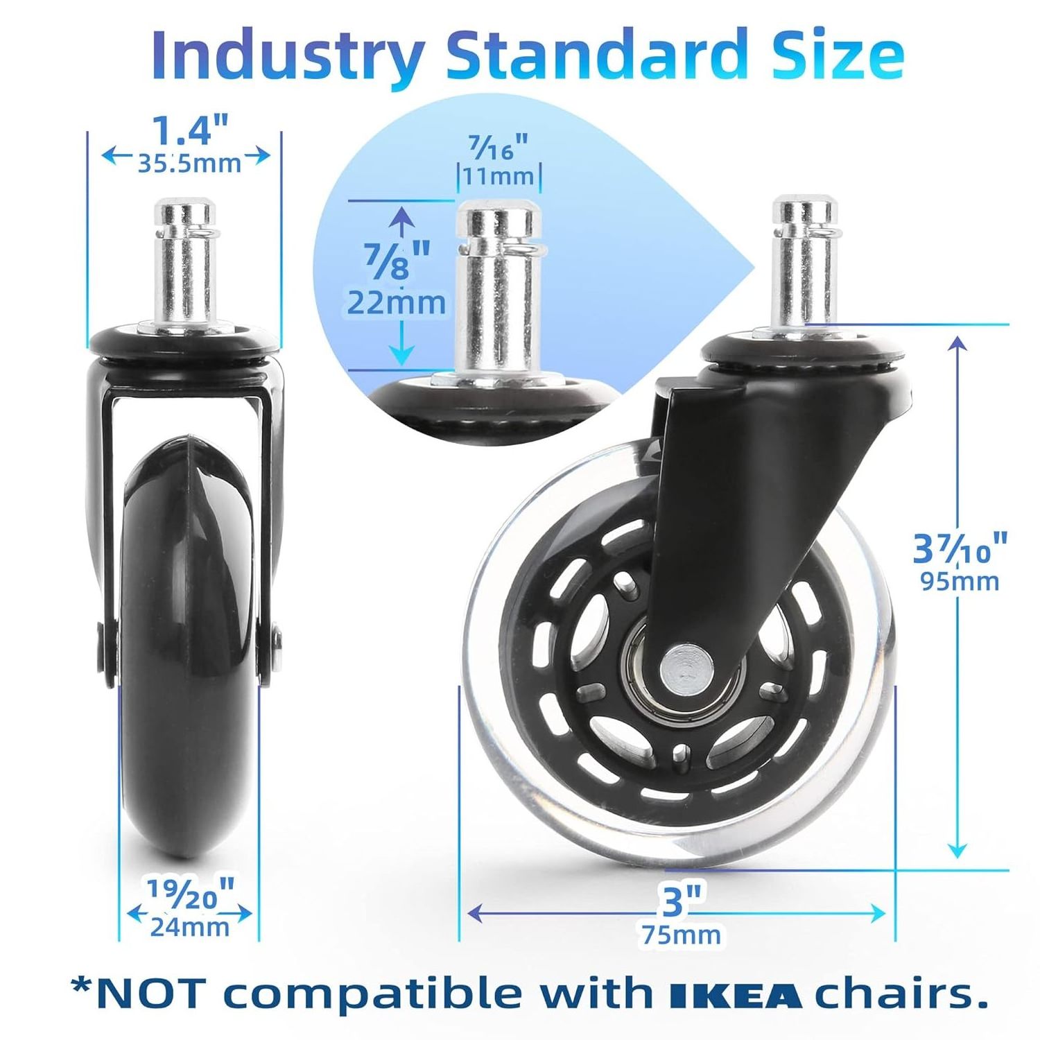 5 Pack Black 3 Inch Half Transparent PU Office Chair Swivel Furniture Caster Wheel