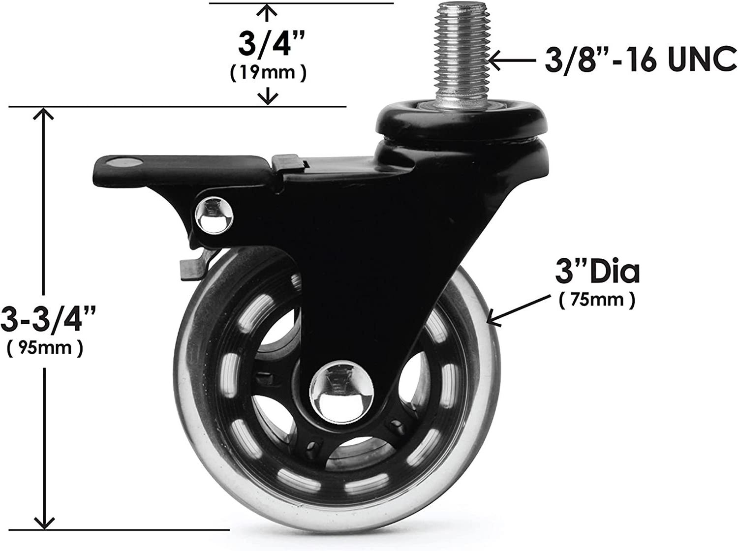 Premium 3 Inch Rubber Caster Wheels with Brake Replacement Style Swivel Threaded Stem with  Mounting Hardware