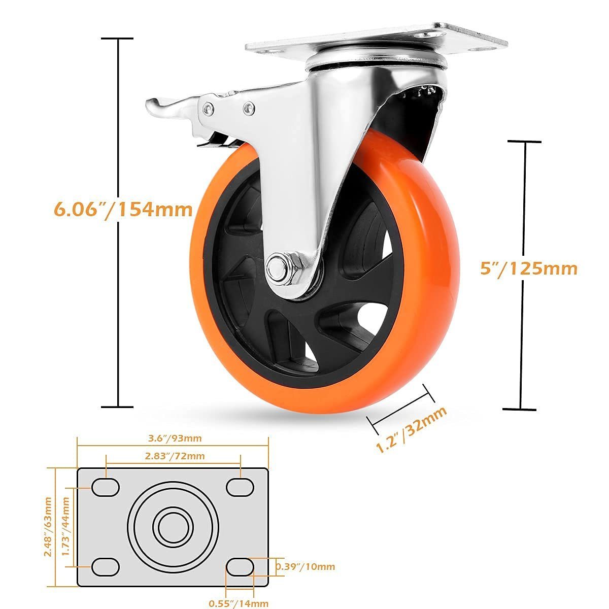 5 In Swivel Casters With Double Locking Heavy Duty High Quality Polyurethane Noise-Free Wheels For Furniture And Carts