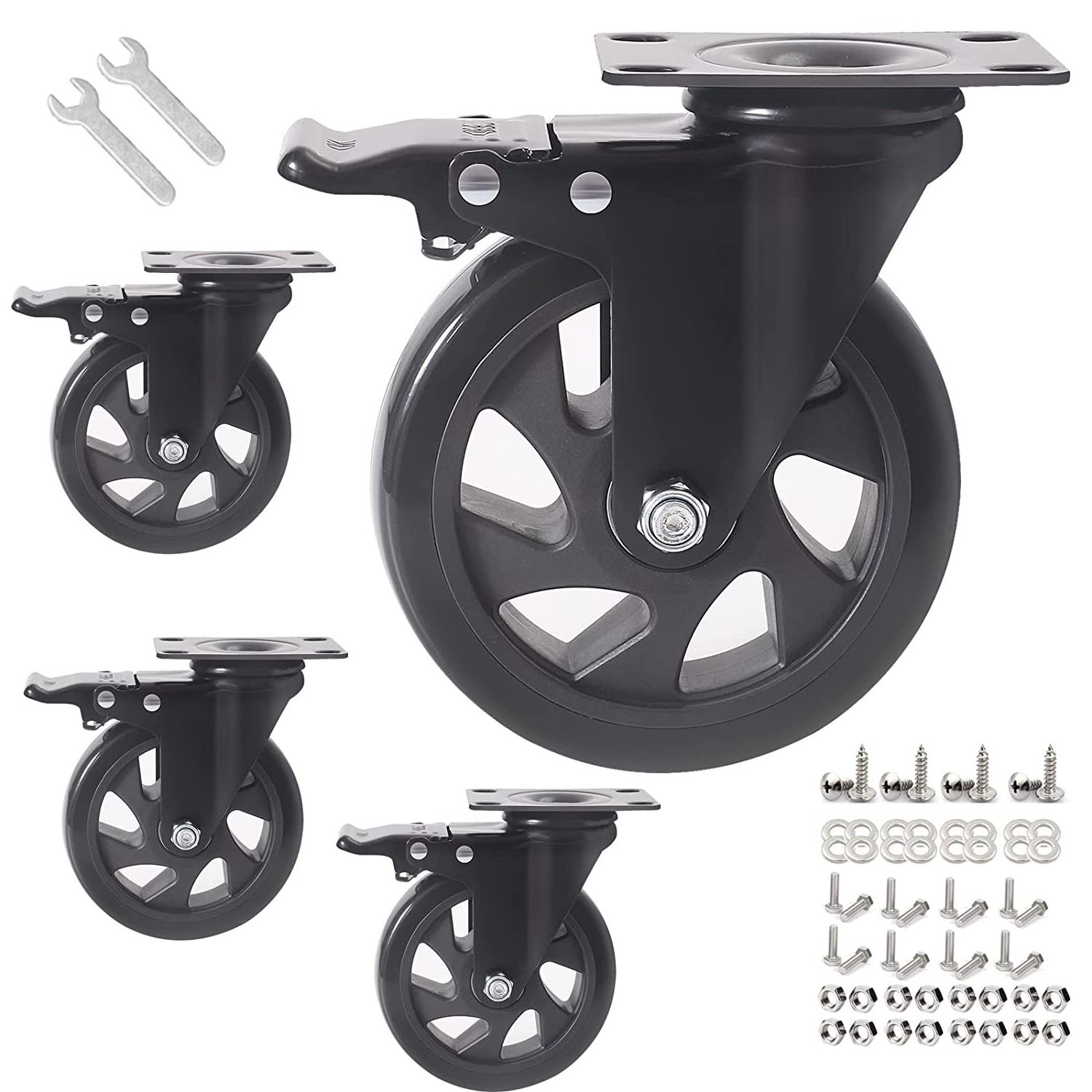 5 Inch Caster Wheels With Brake Pu Heavy Duty Rotating Plate Casters With Double Ball Bearings Furniture Wheels