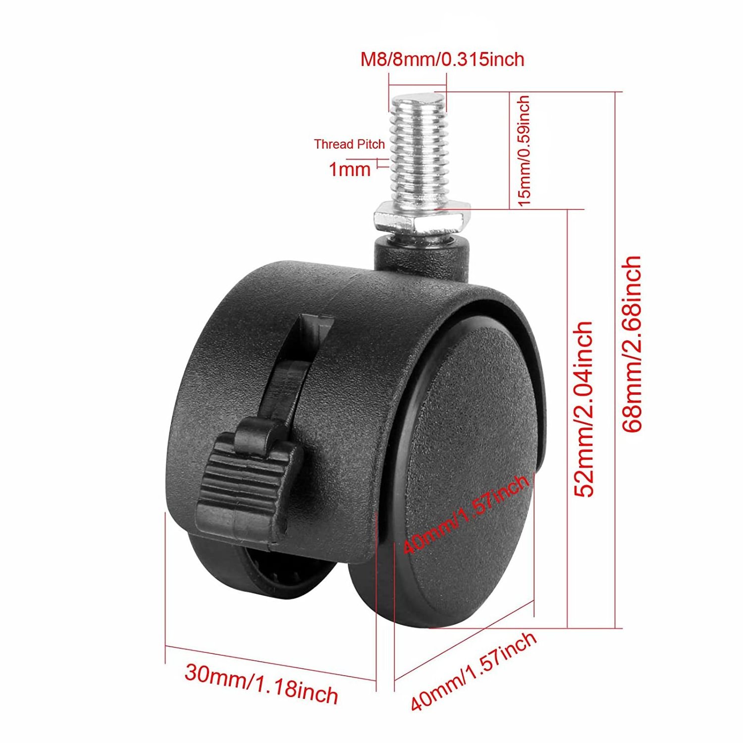 1.5 Inch Swivel Stem Caster Wheels Replacement Casters 1.5'' Furniture Wheel with Locking Brake Metric Threaded Stem M8 Wheels