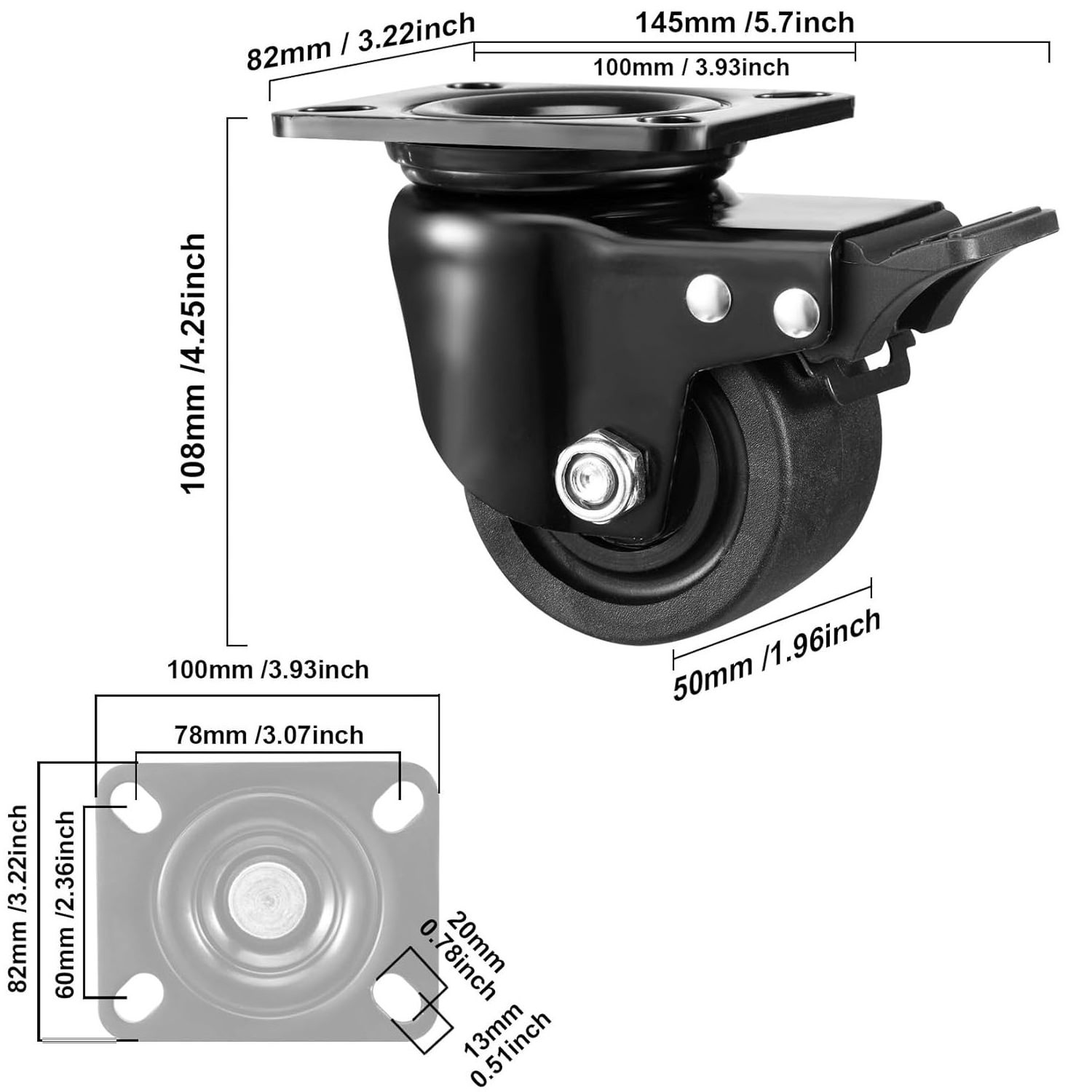 Set Of 4 High Load Capacity Swivel Plate Low Profile Caster Heavy Duty Swivel Nylon Caster Wheels