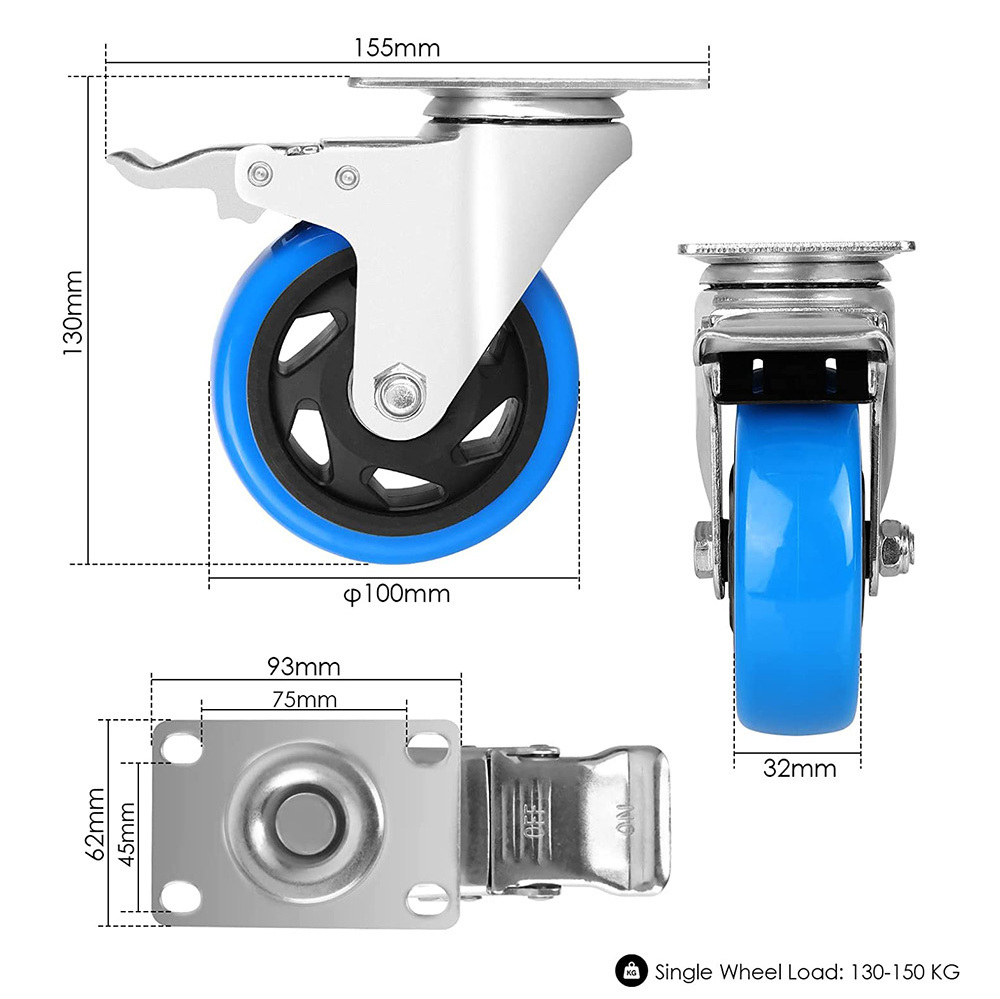 4 Inch Stem Caster Wheels Heavy Duty with Dual Locking 2200Lbs, Threaded Stem Casters 3/8