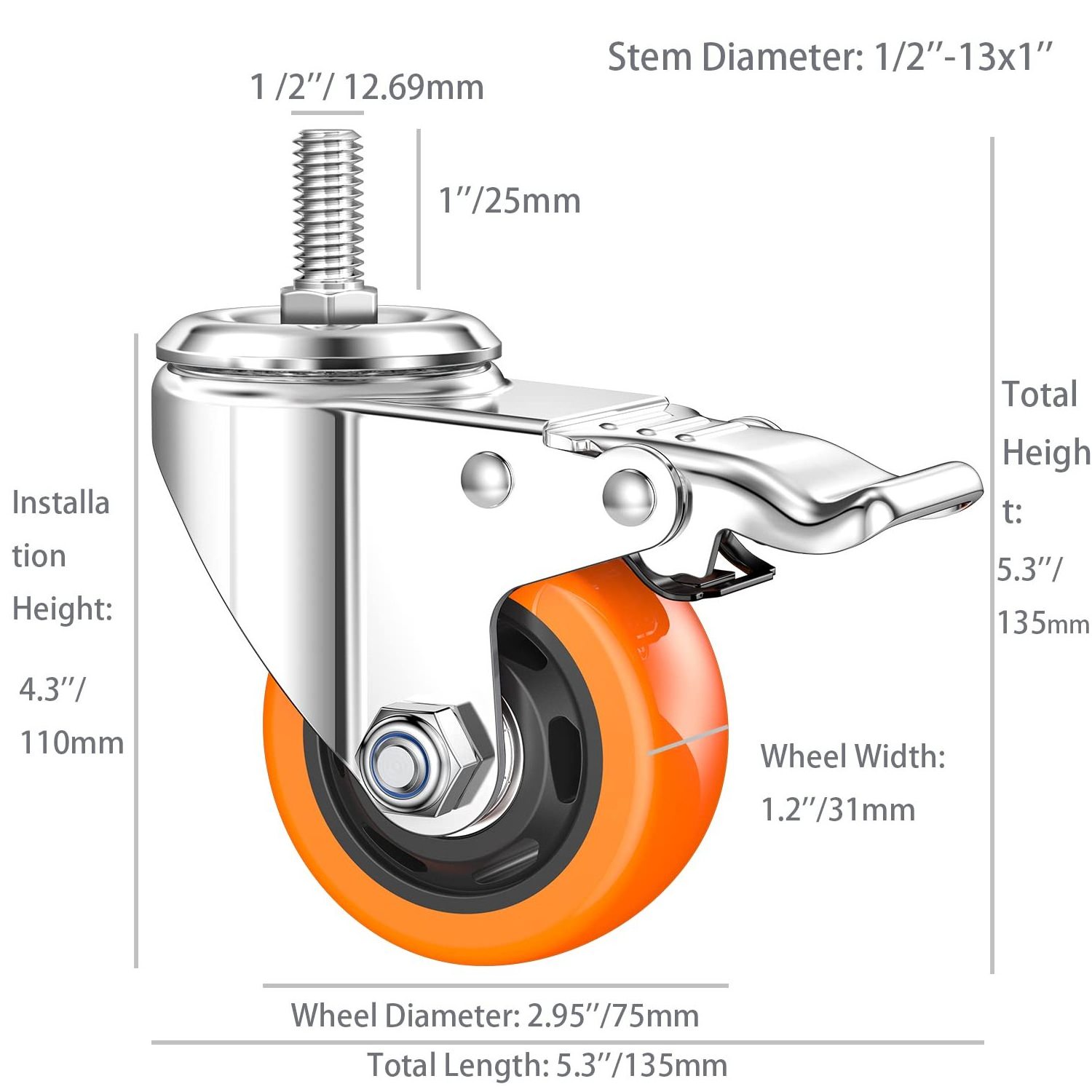 Stem Casters Heavy Duty Swivel Threaded Stem Caster Wheels 1 2 inch Thread Dual Locking Wheel with Brakes Pack