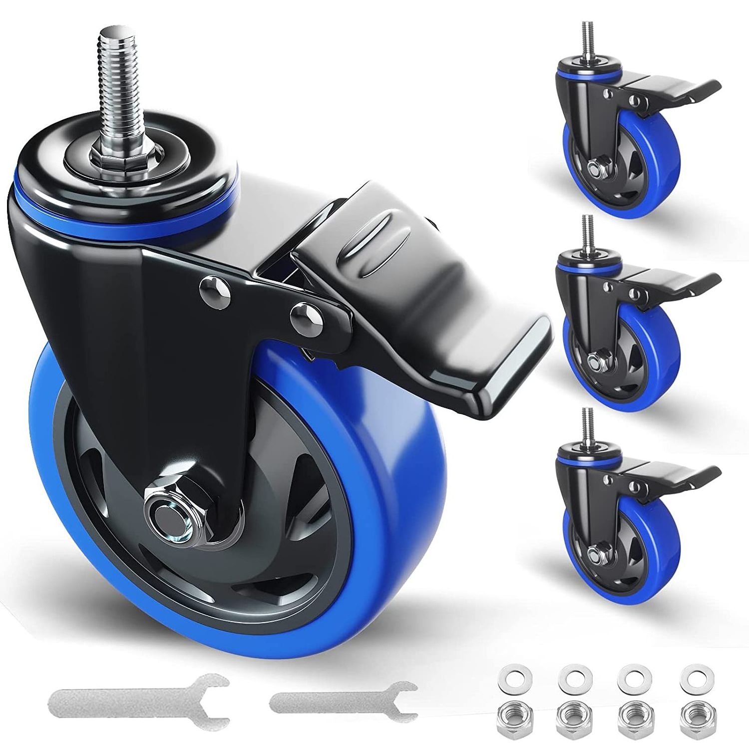 4 Inch Stem Caster Wheels Heavy Duty with Dual Locking 2200Lbs, Threaded Stem Casters 3/8