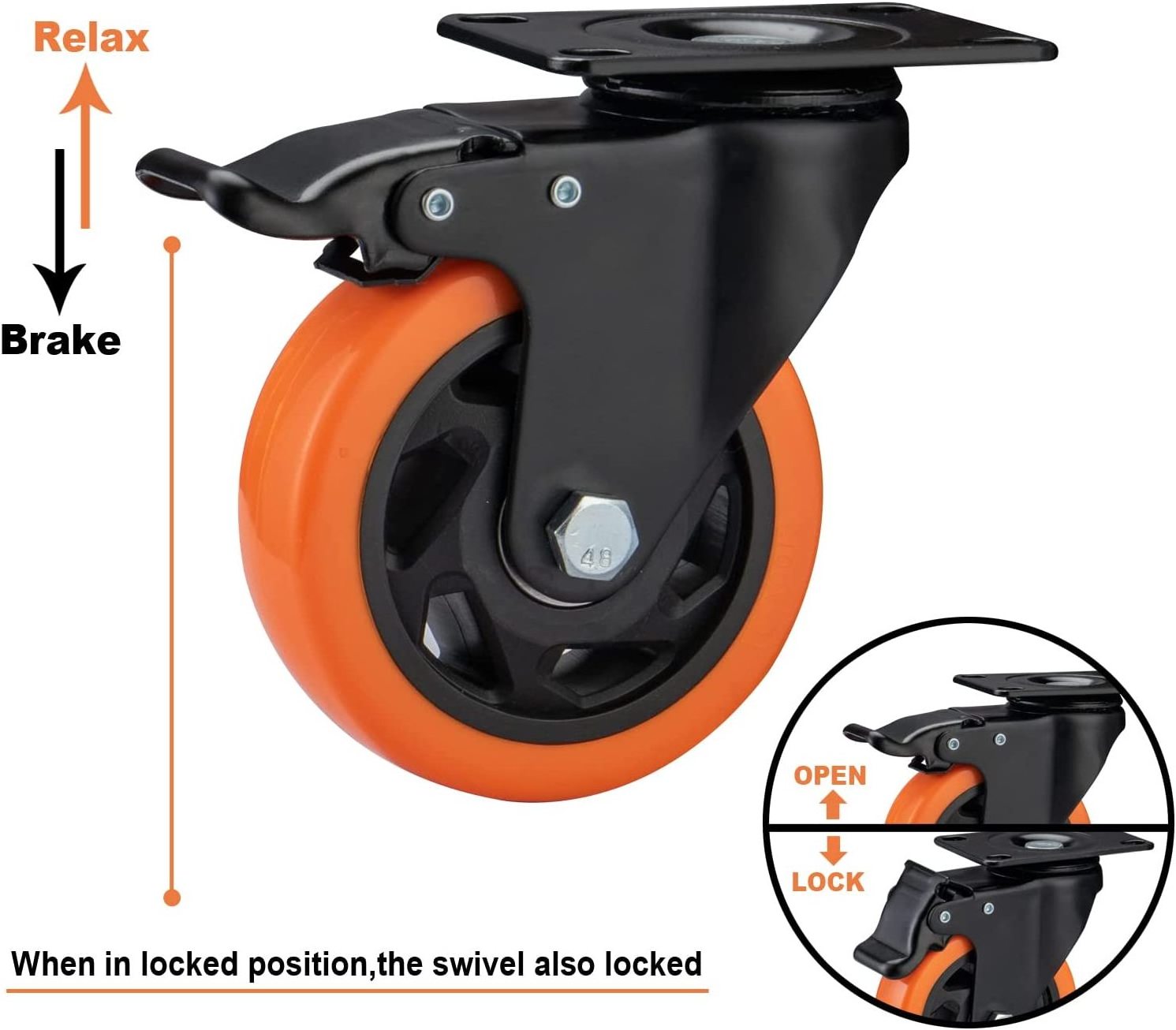 Famous Factory 4 In Heavy Duty Orange PU Top Deck Swivel Wheels Industrial Casters with Brakes Locking Casters for Furniture