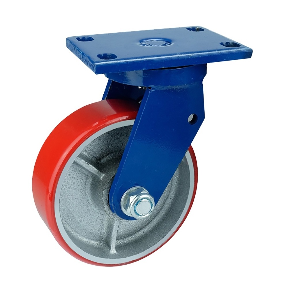 Heavy Duty Blue Coated Bracket PU Cast Iron 1500 kg Load Swivel Fixed Plate Caster Wheels With Brake