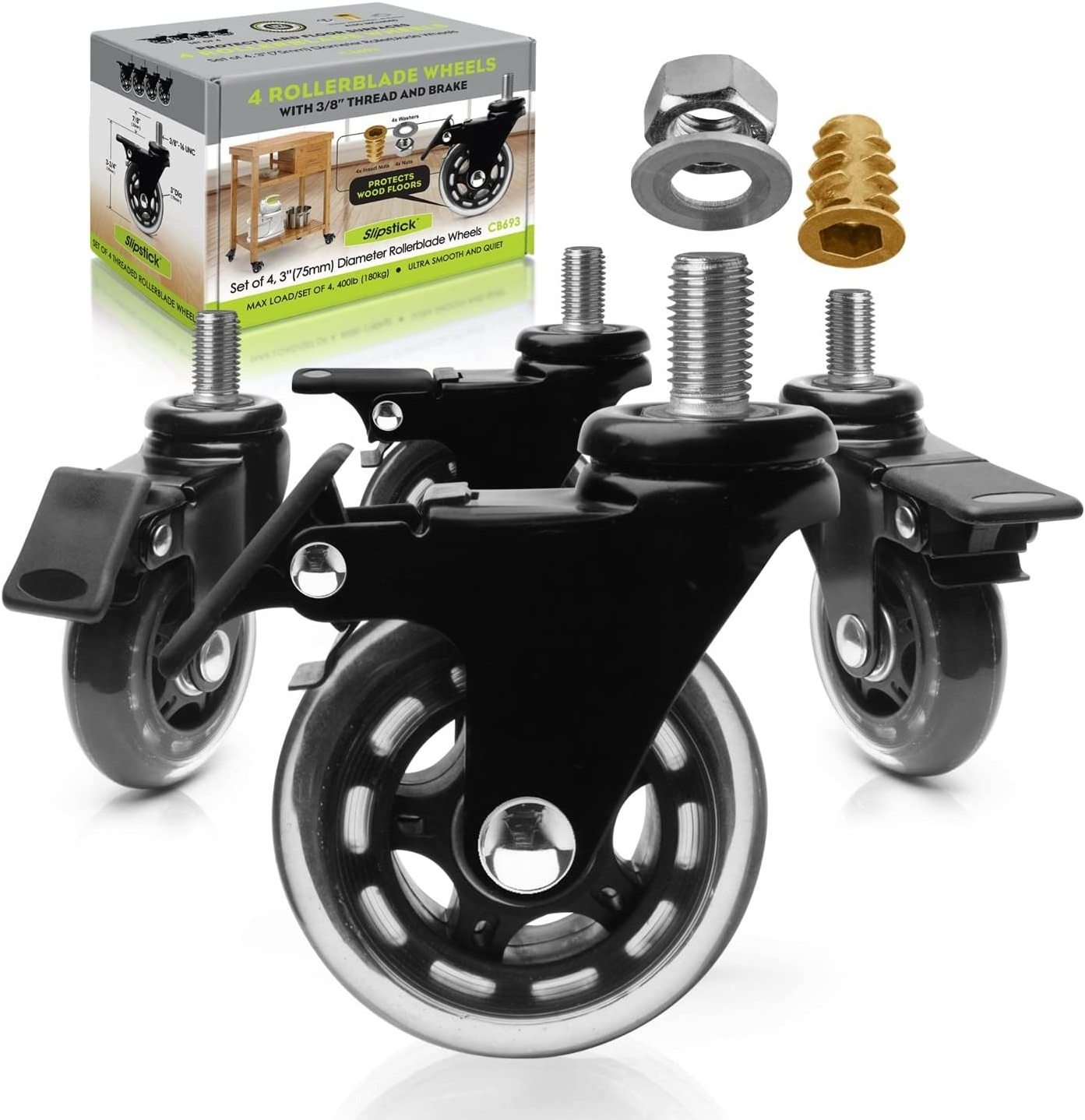 Premium 3 Inch Rubber Caster Wheels with Brake Replacement Style Swivel Threaded Stem with  Mounting Hardware