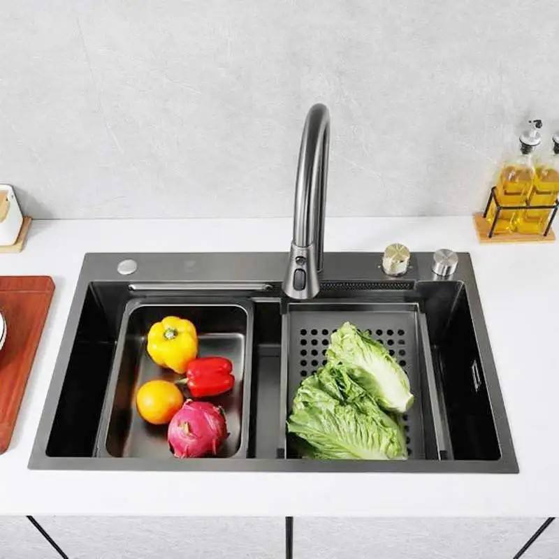 HUARUILI Tiktok Trends Metal Grey black Stainless Steel Kitchen Sink Sets with Flying Rainfall Faucet Single Bowl Kitchen Sink