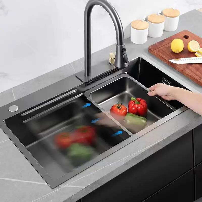 HUARUILI Tiktok Trends Metal Grey black Stainless Steel Kitchen Sink Sets with Flying Rainfall Faucet Single Bowl Kitchen Sink