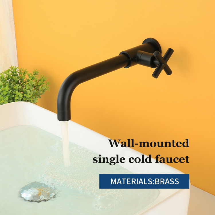 Cross Handle Matte Black Wall Mount Basin Faucet Single Hole Restroom Cold Water Tap for Hand Wash Concealed Single Cold faucet