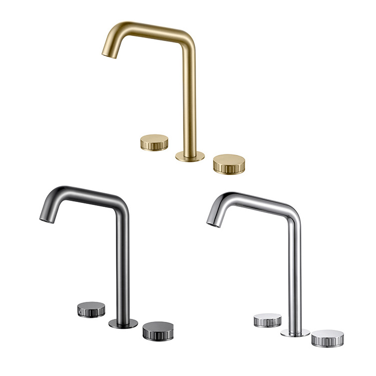 Luxury 3 Hole Dual Handle Bathroom Basin Tap Brass Brushed Gold Hot And Cold Basin Faucet Three Hole Basin Faucet For Bathroom