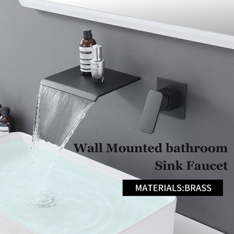 Luxury Brass Wall Mount Waterfall Faucets Matte Black Concealed Bathroom Basin Mixer Tap Wall Mounted Waterfall Basin Faucet