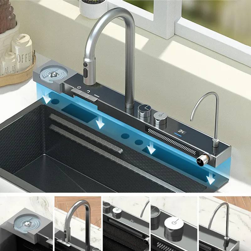 Stainless Steel 304 Tiktok Trends Kitchen Sinks Multifunctional Big Single Bowl Kitchen Sink Smart Rainfall Kitchen Sink Faucet