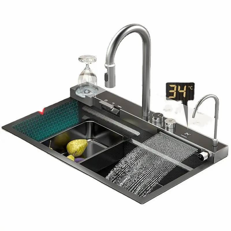 Stainless Steel 304 Tiktok Trends Kitchen Sinks Multifunctional Big Single Bowl Kitchen Sink Smart Rainfall Kitchen Sink Faucet