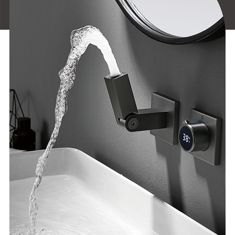 HUARUILI intelligent concealed mount gun grey basin mixer faucet waterfall bathroom sink faucet with temperature digital display