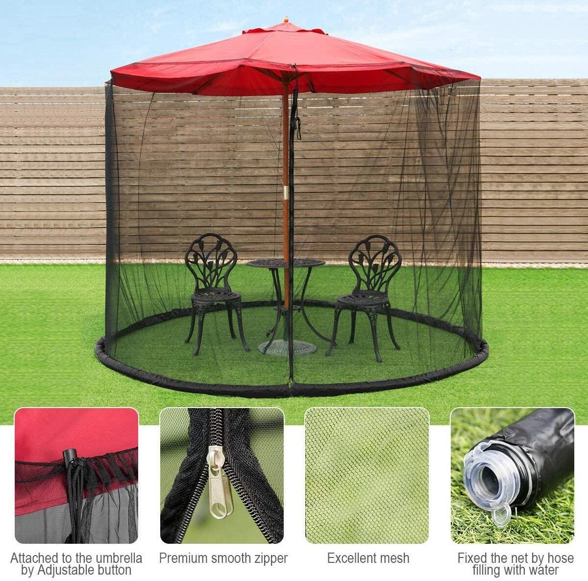 Umbrella Mosquito Netting - Polyester Mesh Screen with Zipper Opening and Water Tube at Base to Hold in Place - Helps Protect fr