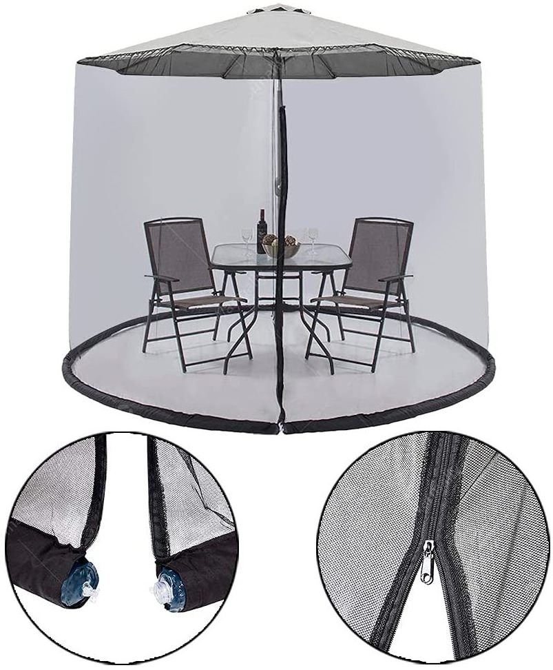 Umbrella Mosquito Netting - Polyester Mesh Screen with Zipper Opening and Water Tube at Base to Hold in Place - Helps Protect fr