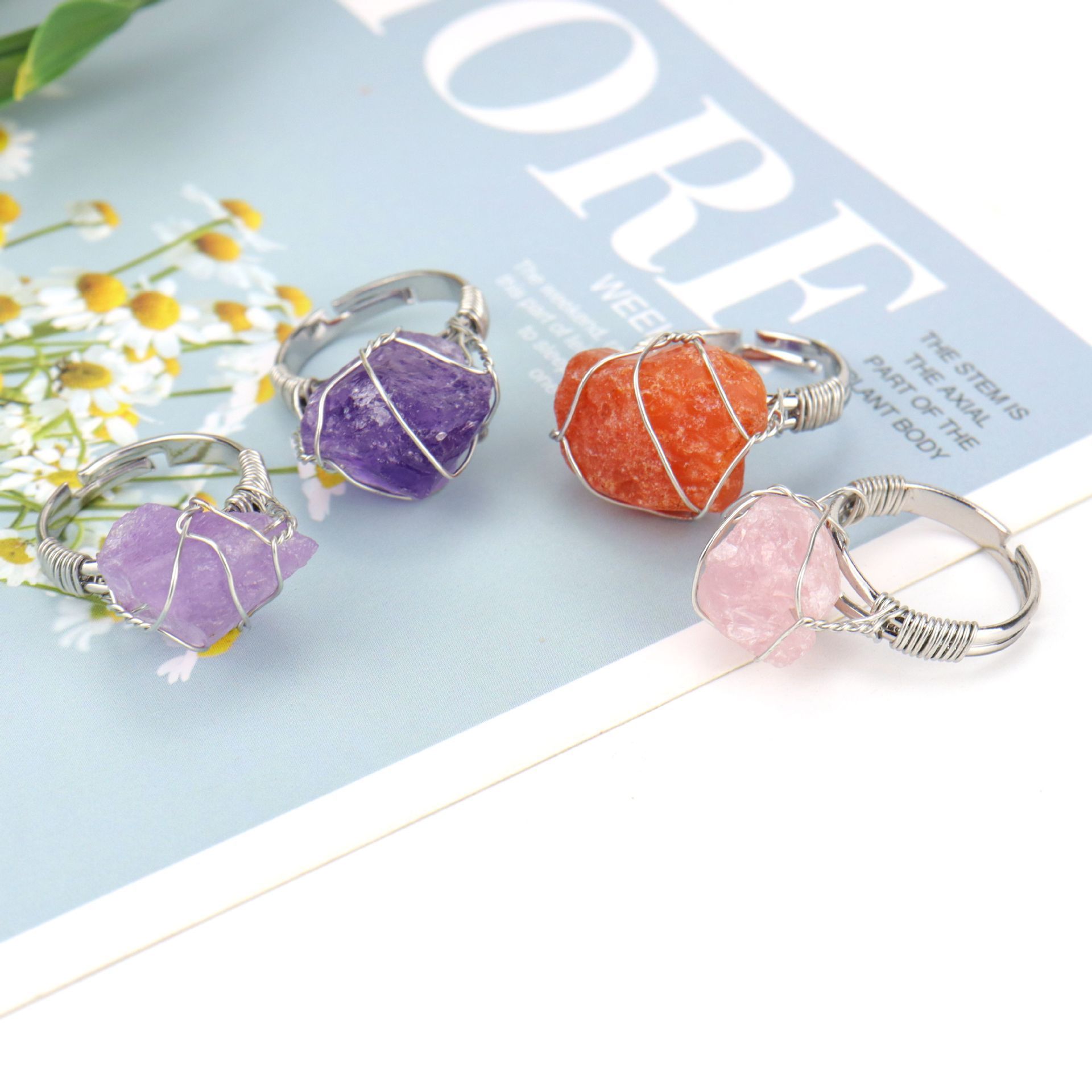 Colorful Crystals Healing Stones Ring Wire Wrap Crystal Adjustable Irregular Natural for Women Opp Bag Customized Geometric 3pcs