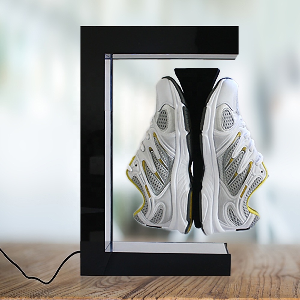 Huasheng Customized 360 Rotating Double Floating Shoe Display 300-600gs Magnetic Levitation Sneaker Acrylic Rack Printed Etched