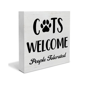 Wooden box sign Decoration Desk sign Cat Welcome person Wooden block sign rustic home shelf wall decoration