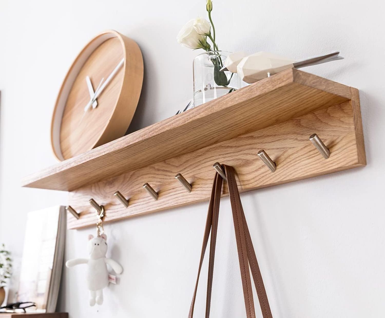 Wall Mounted Coat Rack Shelf Oak Wood Coat Hook Rack with 6 Hooks Floating Entryway Shelf Wall Rack for Bedroom Living Room