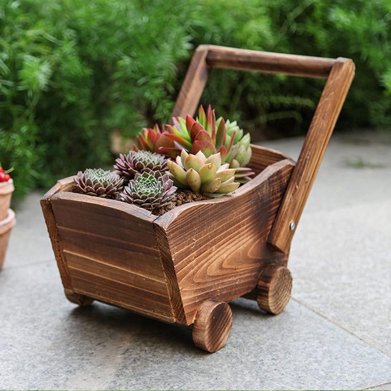 Wooden planter box Garden wagon decoration with wheels for backyard planters in indoor and outdoor gardens