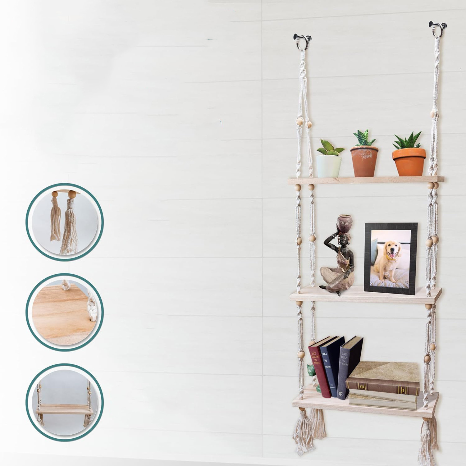 3 layer fringed lace wall hangers with cotton cord fringes and wood beads Storage and storage racks suitable for plant book