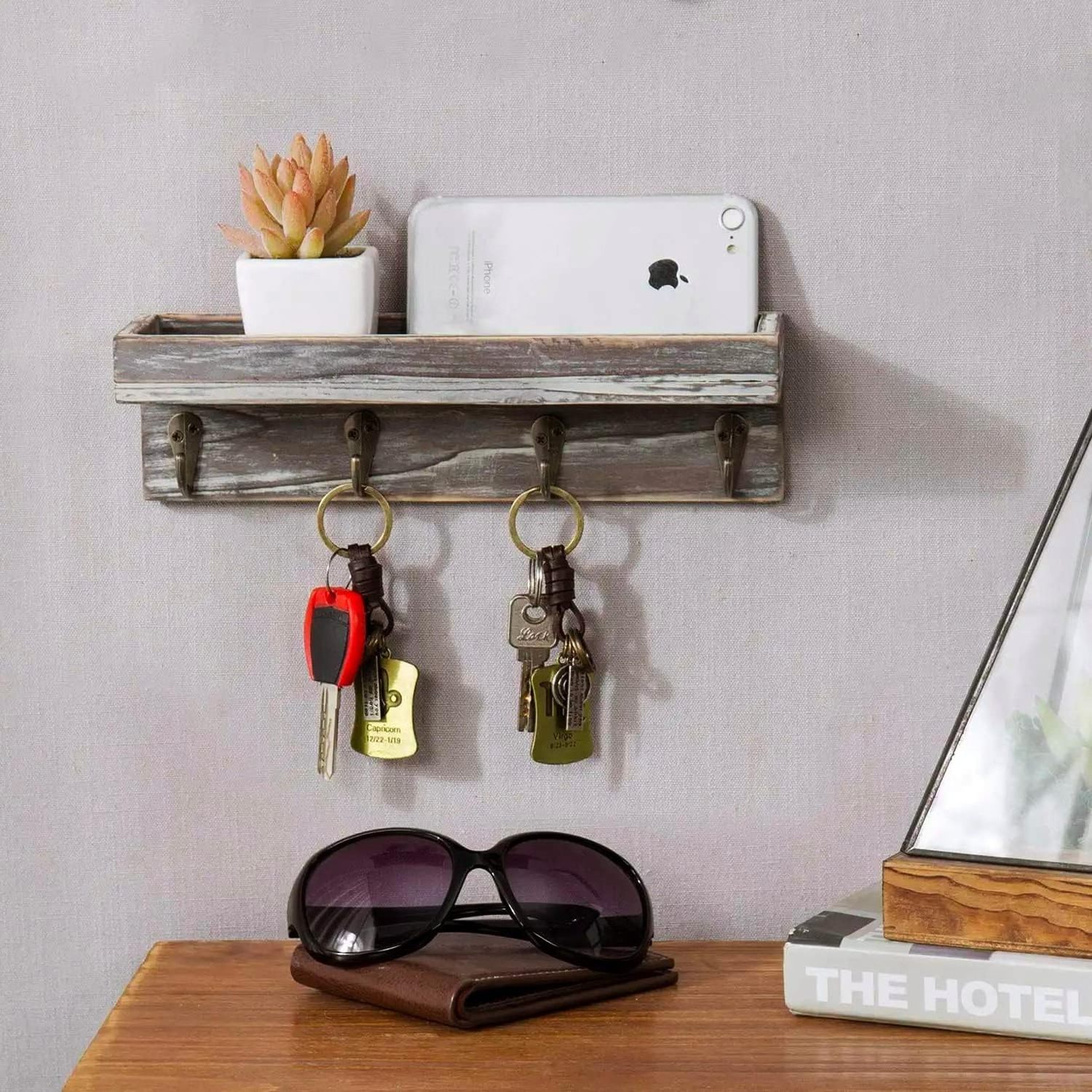 Wall-mounted rustic wooden entry storage rack with shelf wall key holder with 4 metal hooks