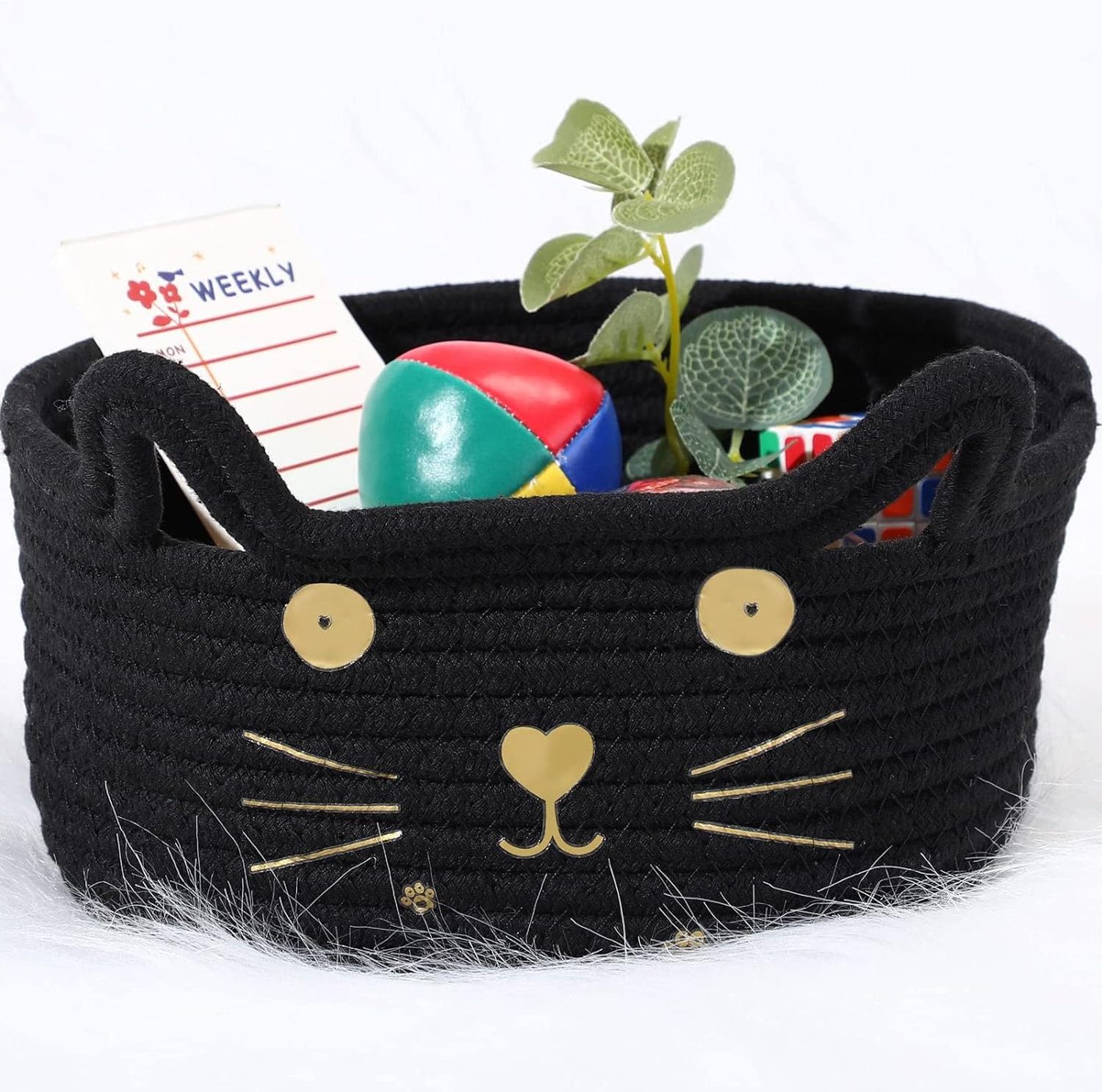 Storage Basket with Ears Decorative Pet Toys Cute Basket Cotton Rope Basket Gift Cat and Dog Toy Box, Nursery Children's Toys