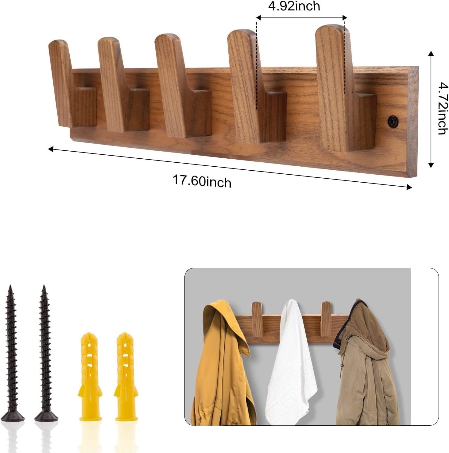 Wooden Hanger Wall Mount with 5 Hooks, 43.18cm Hole-to-Hole Wall Hanger for Hanging Jackets Backpacks, Natural Wall Hooks