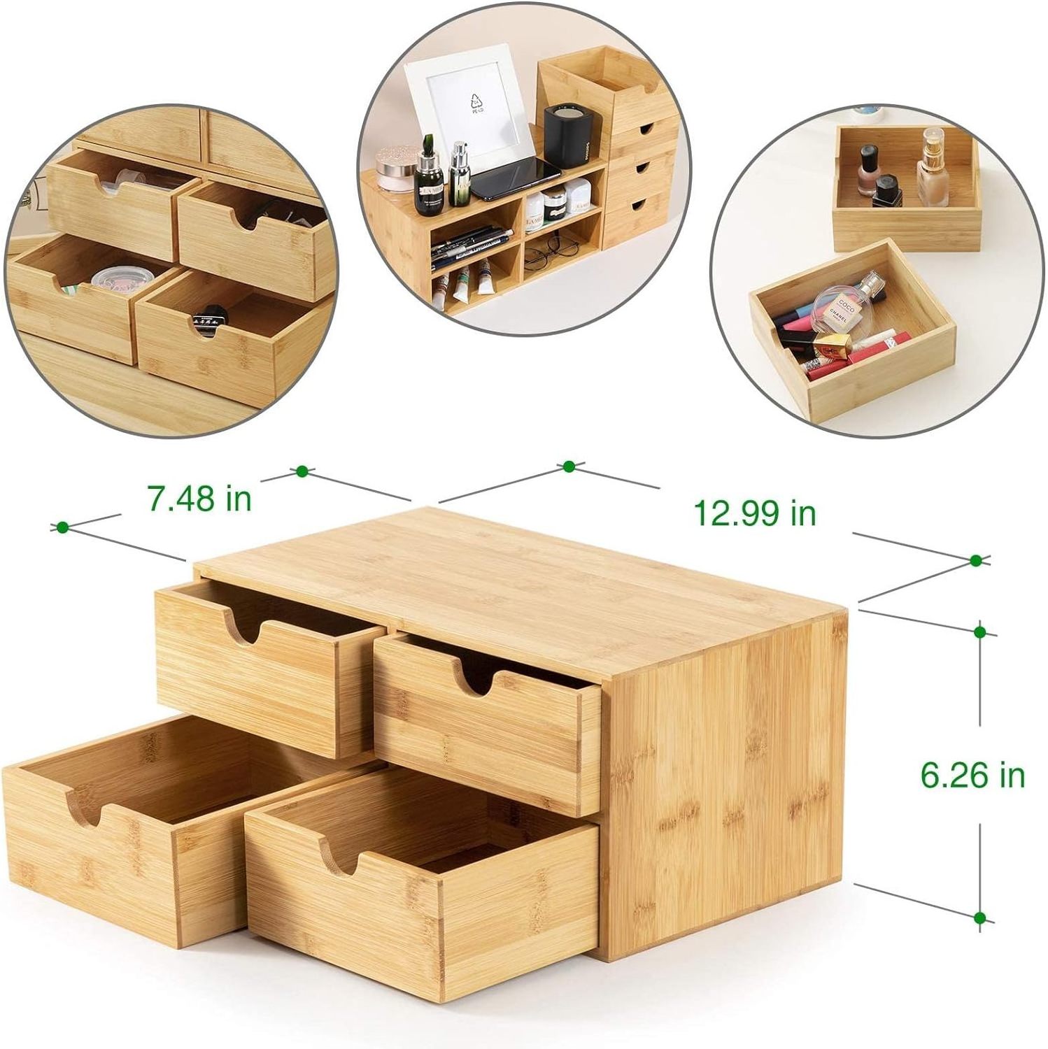 Original bamboo desk Organizer Mini drawer Desktop Storage Organizer for office Home toiletries No assembly required (4 drawers)