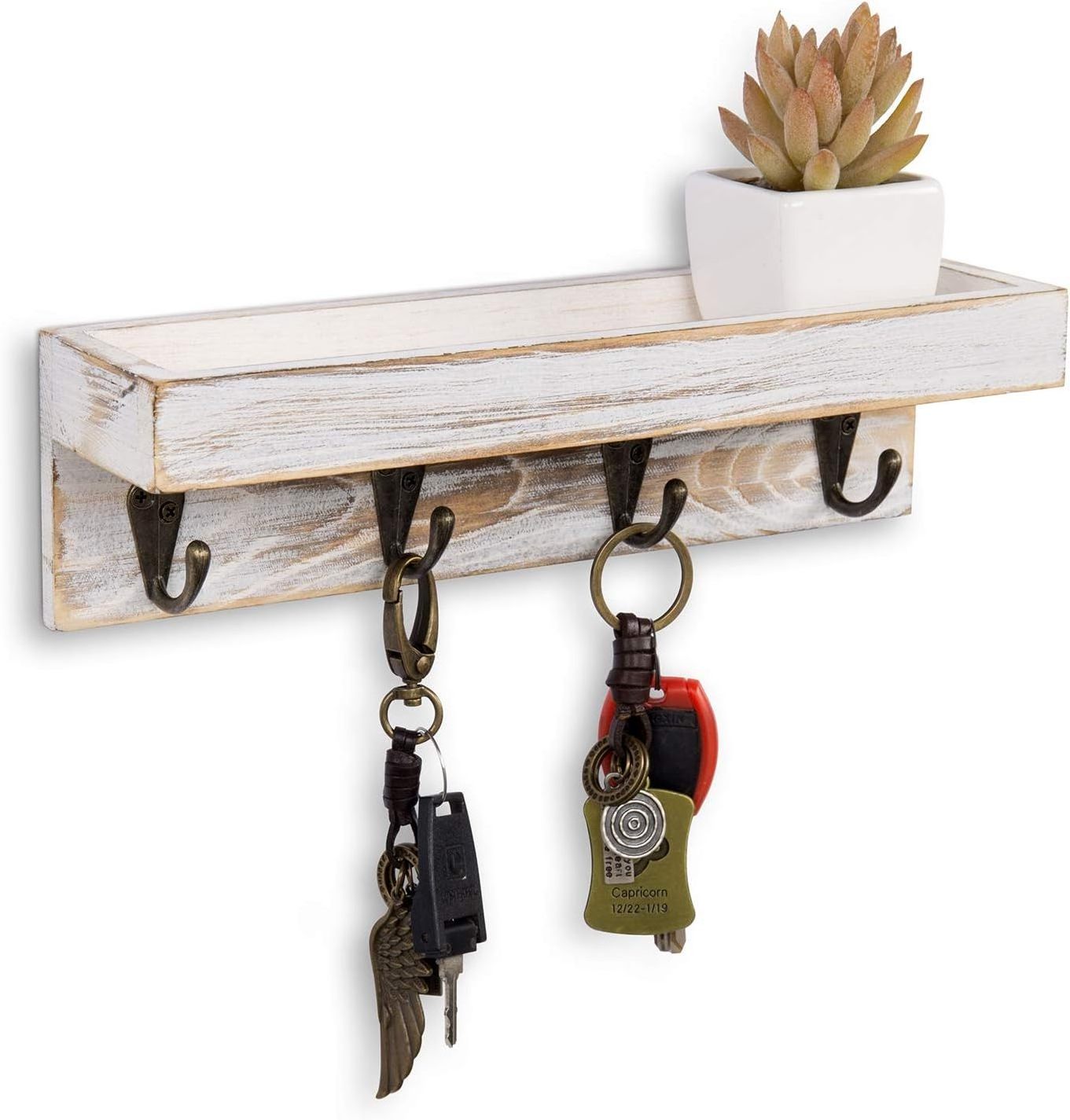 Wall-mounted rustic wooden entry storage rack with shelf wall key holder with 4 metal hooks