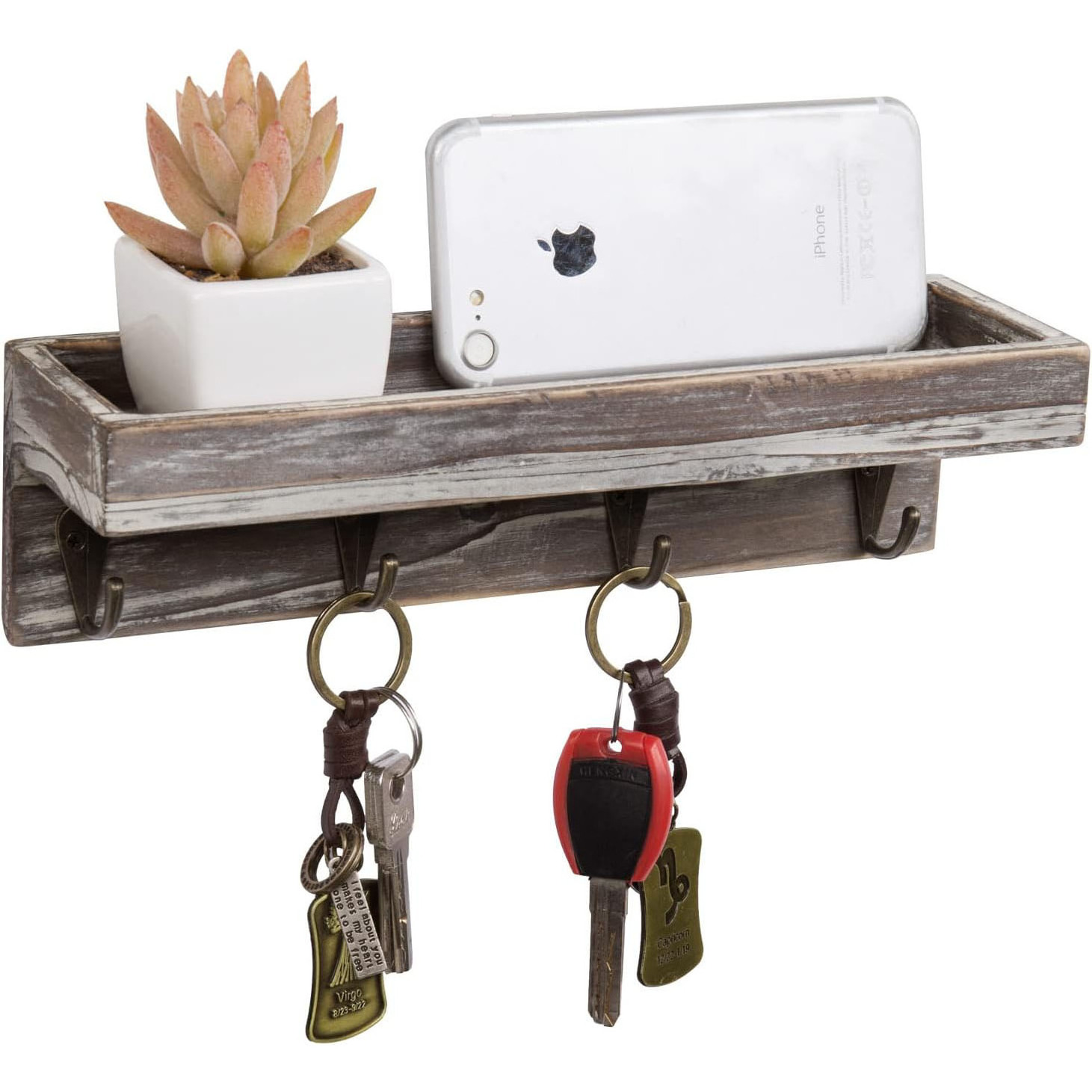 Wall-mounted rustic wooden entry storage rack with shelf wall key holder with 4 metal hooks