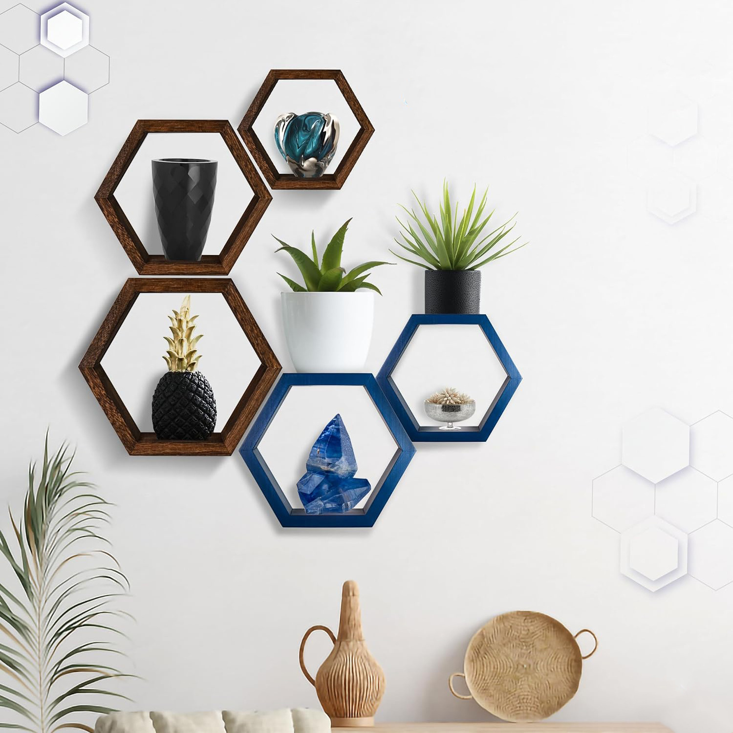 3-piece set pine hexagonal frame for wall decoration Farmhouse honeycomb frame for living room decoration Kitchen storage Wall