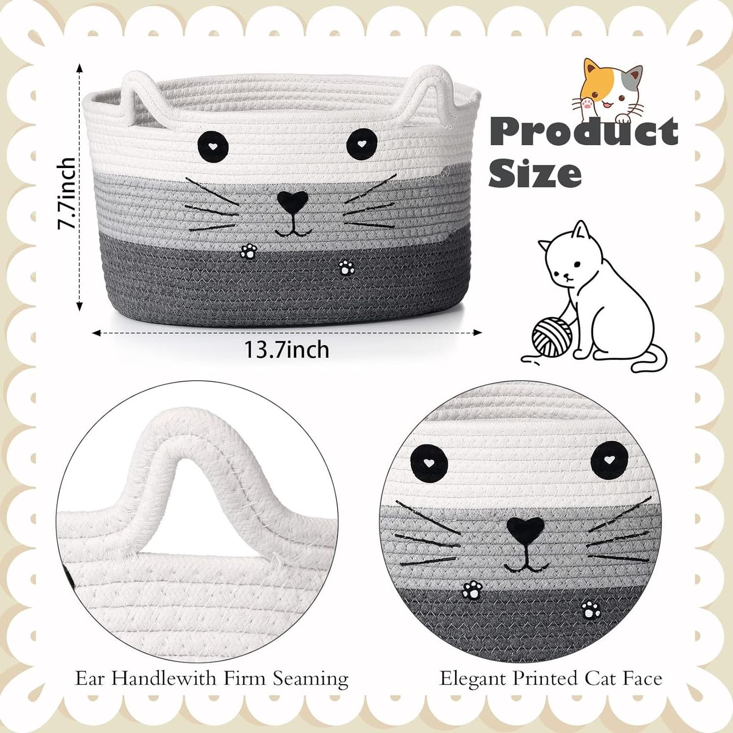 Storage Basket with Ears Decorative Pet Toys Cute Basket Cotton Rope Basket Gift Cat and Dog Toy Box, Nursery Children's Toys