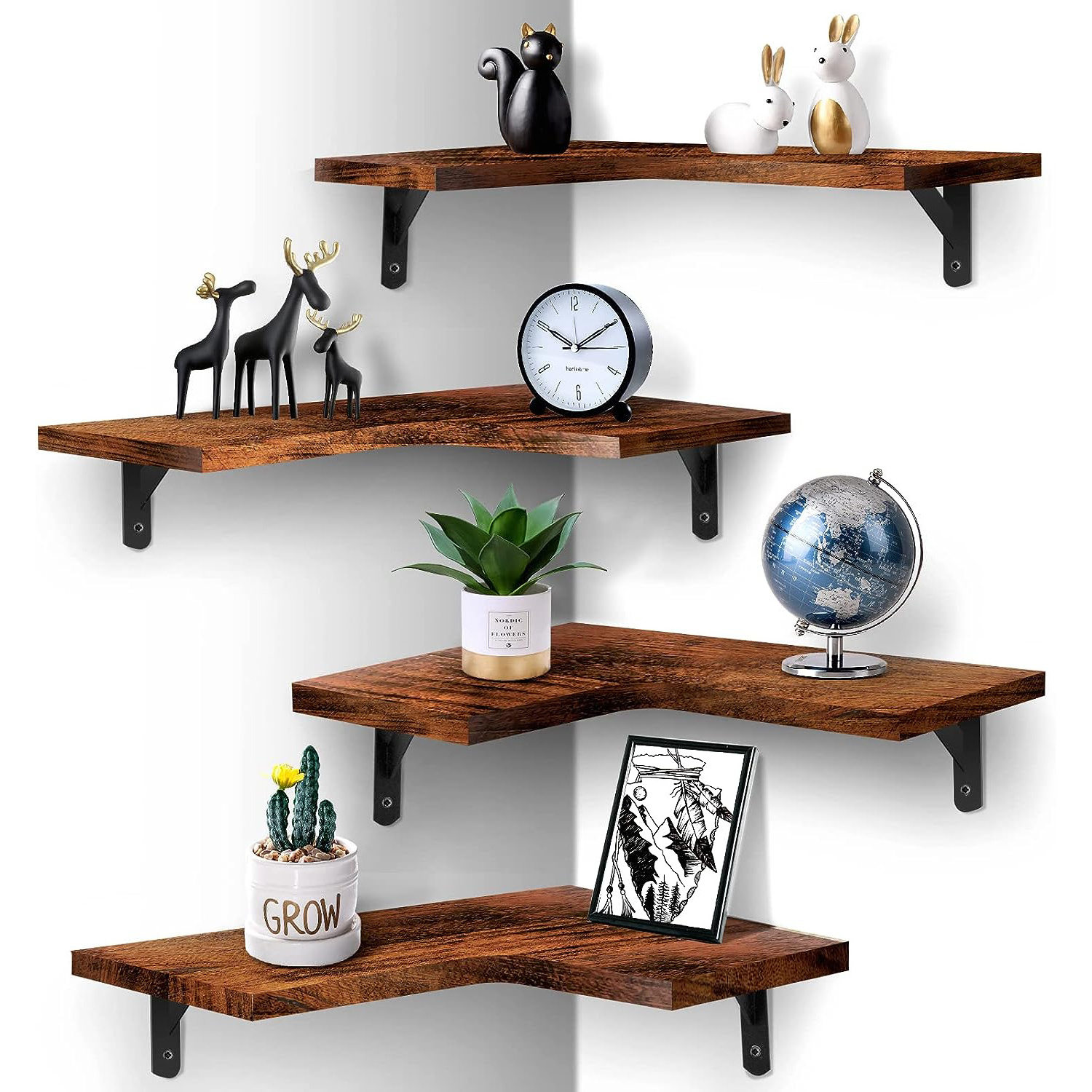 Wooden wall storage corner shelf 4-piece wall-mounted wooden shelf suitable for home decoration bedroom living room bathroom