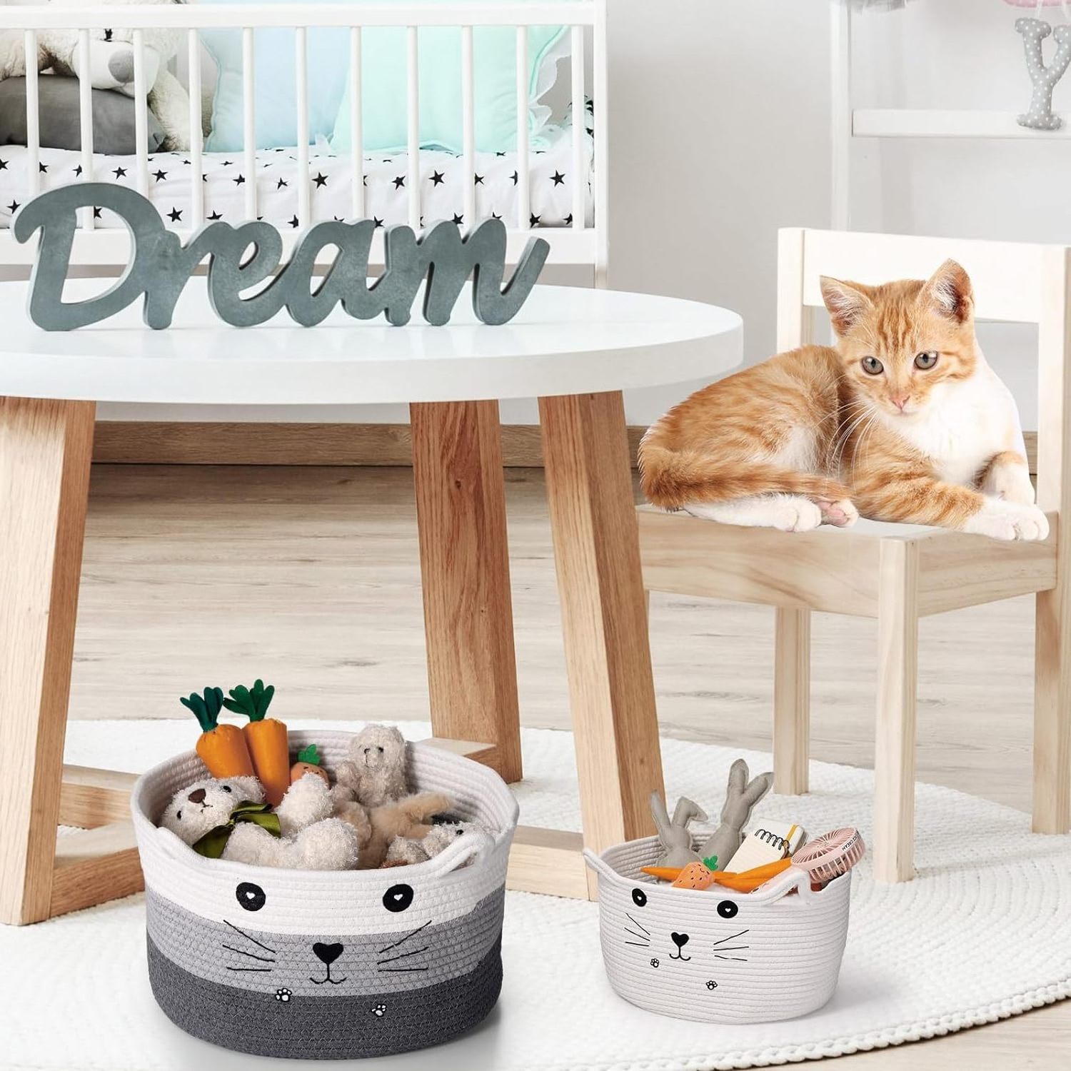 Storage Basket with Ears Decorative Pet Toys Cute Basket Cotton Rope Basket Gift Cat and Dog Toy Box, Nursery Children's Toys