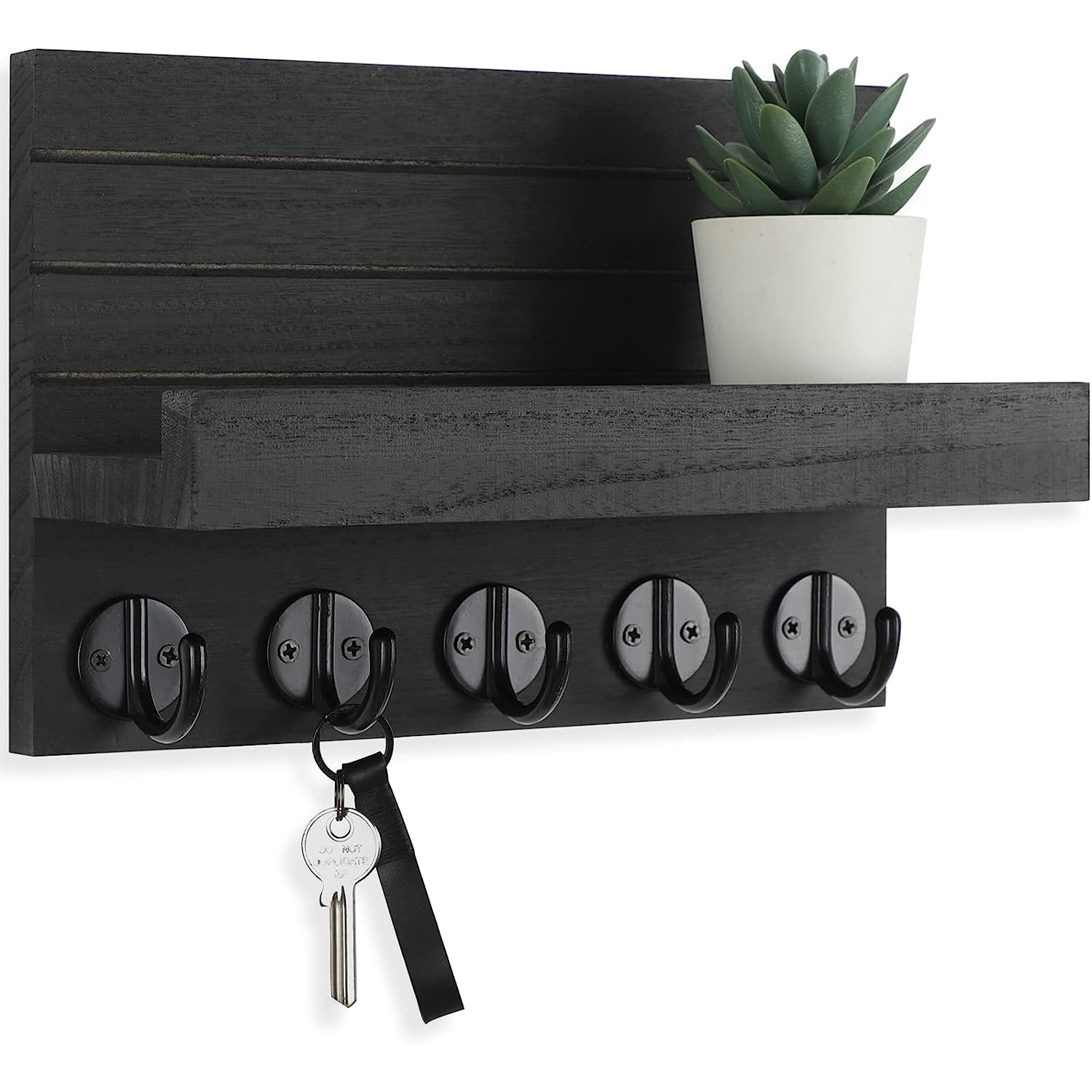 Wooden wall  Key holder This entryway shelf with hooks keeps key rings, wallets, dog lanyards and coats in a central