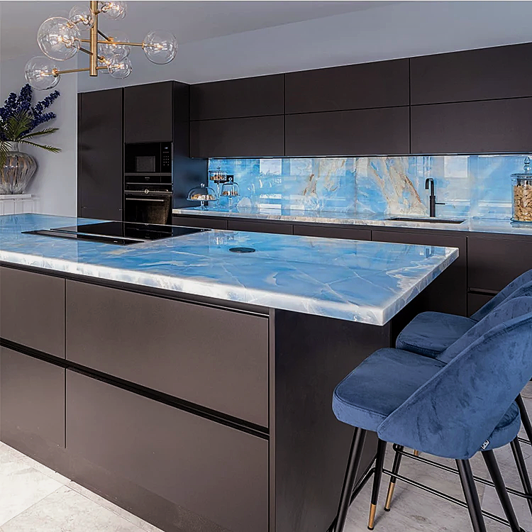 Cheap white veins backlit Blue onyx marble slabs wall panel natural straight onyx slab kitchen countertop and wall background