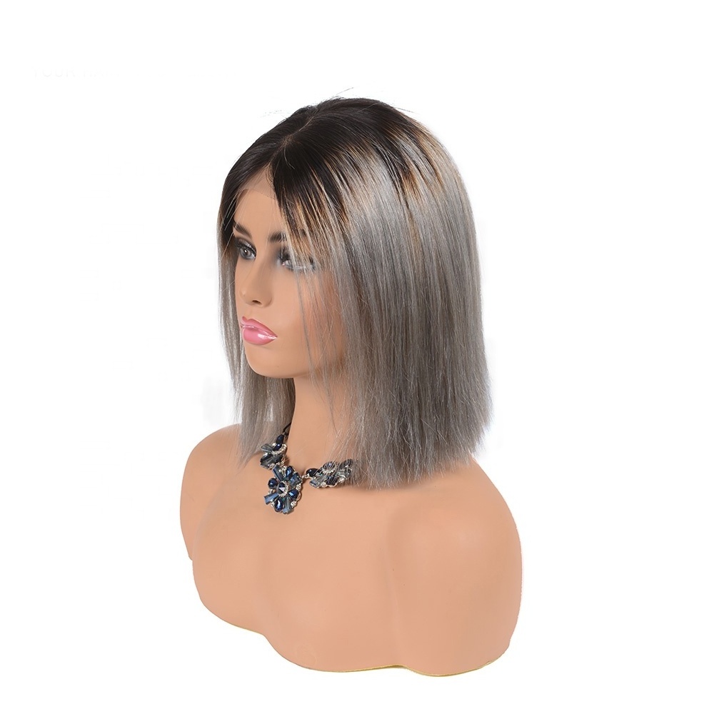 Cheap 100 Remy Real Human Hair Two Tone Color Short Grey Hair Lace Front Wig For Black Women