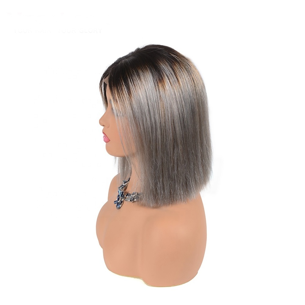 Cheap 100 Remy Real Human Hair Two Tone Color Short Grey Hair Lace Front Wig For Black Women