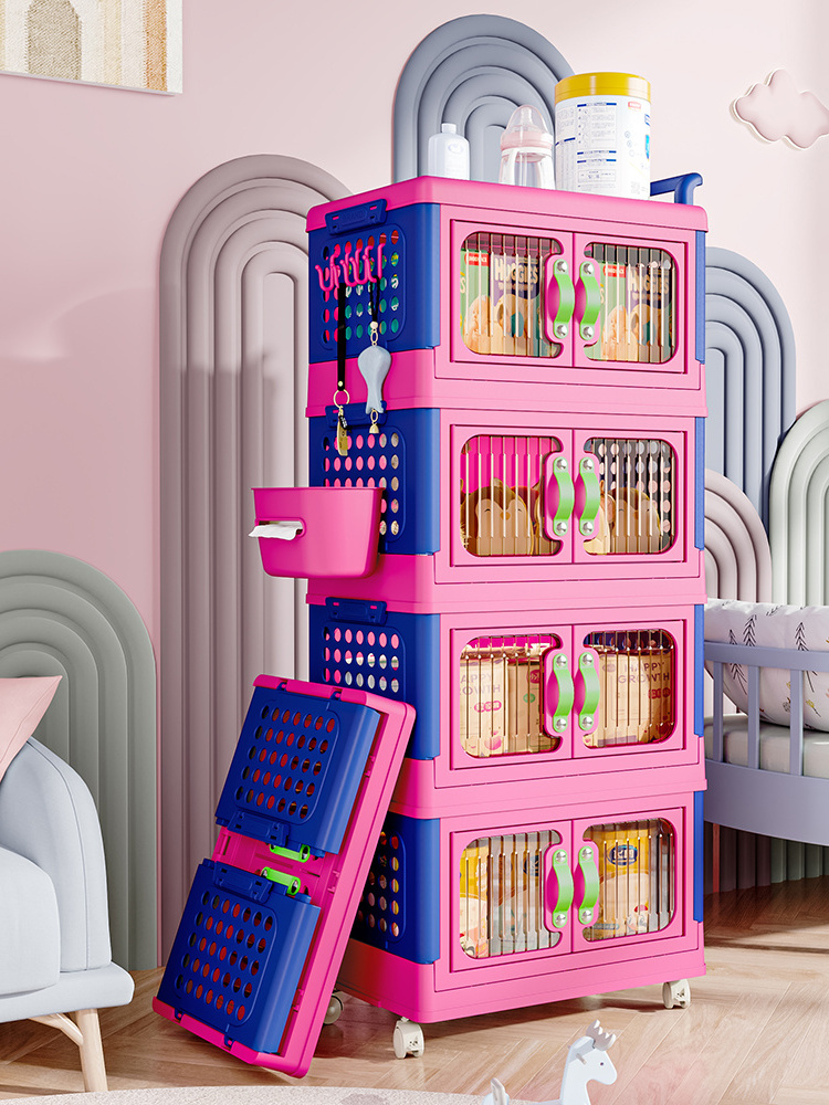 Polychrome wheels toys organizer kids storage boxes organization plastic home appliance closet storage with basket