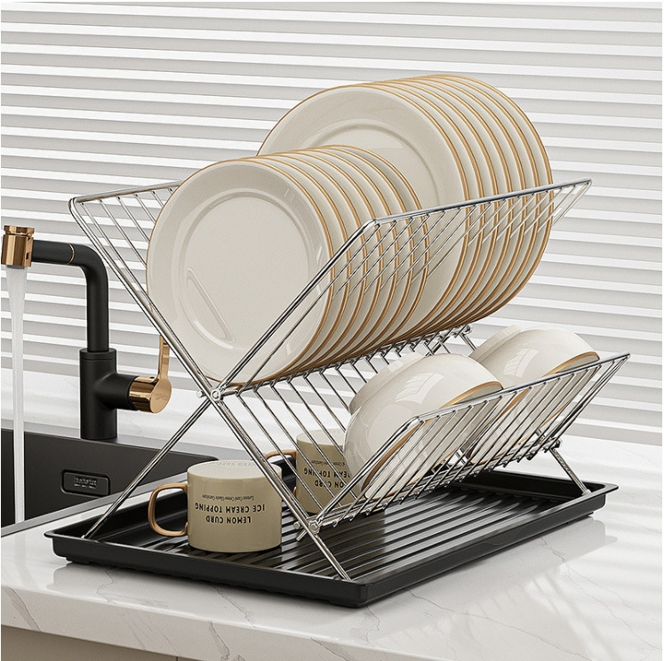 X-shaped Folding Dish Pan Draining Drain Holder Rack with Tray Bowl Sink Rack Kitchen Shelf Plate Storage Holder