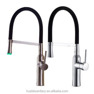 single handle nickel brushed pull out double outlet european LED kitchen sink faucets pull down sprayer