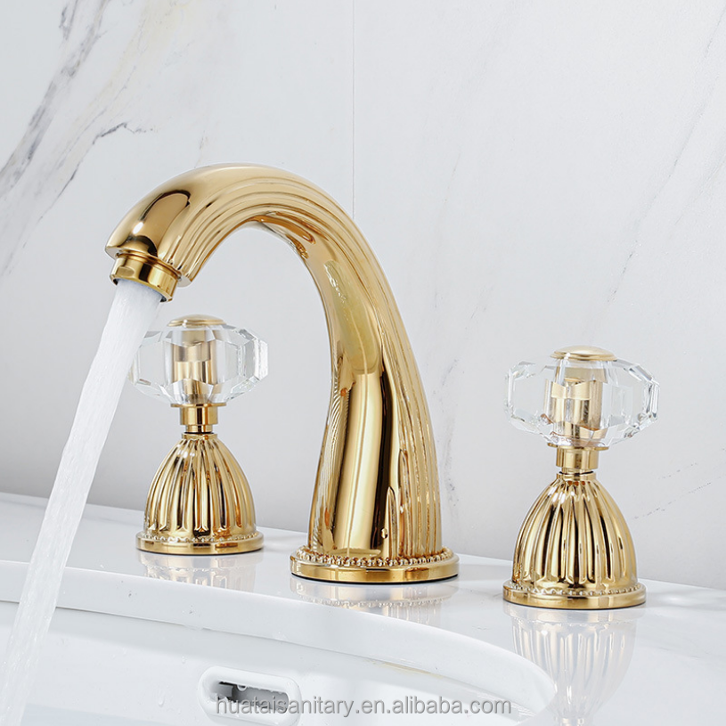 luxury bathroom double diamond handle gold plated 3 hole crystal handle faucet