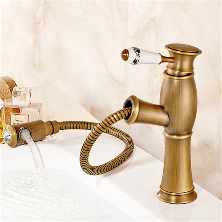 porcelain handle diamond bamboo traditional bathroom sink antique bronze pull out water faucet with retractable spout