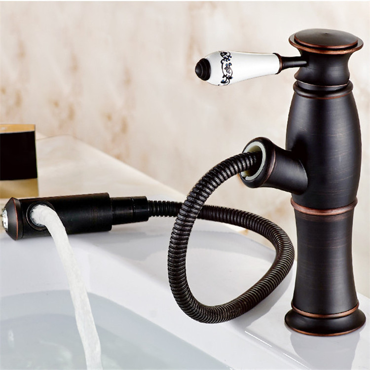 porcelain handle diamond bamboo traditional bathroom sink antique bronze pull out water faucet with retractable spout